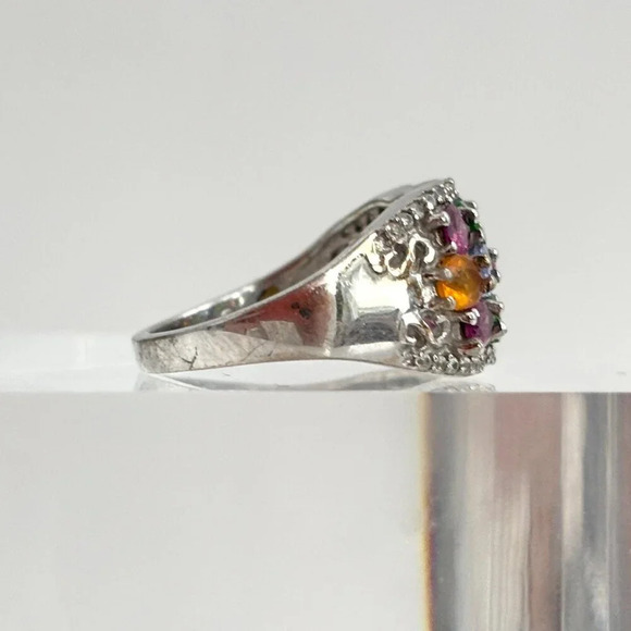 Sterling Silver Rainbow Blooming Garden Gemstone Partial Halo Vintage Ring Sz 6 - Picture 3 of 10